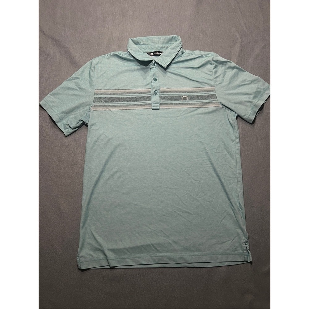 Travis Mathew Men's Polo Shirt Seafoam Green Chest Stripe Golf Short Sleeve Med